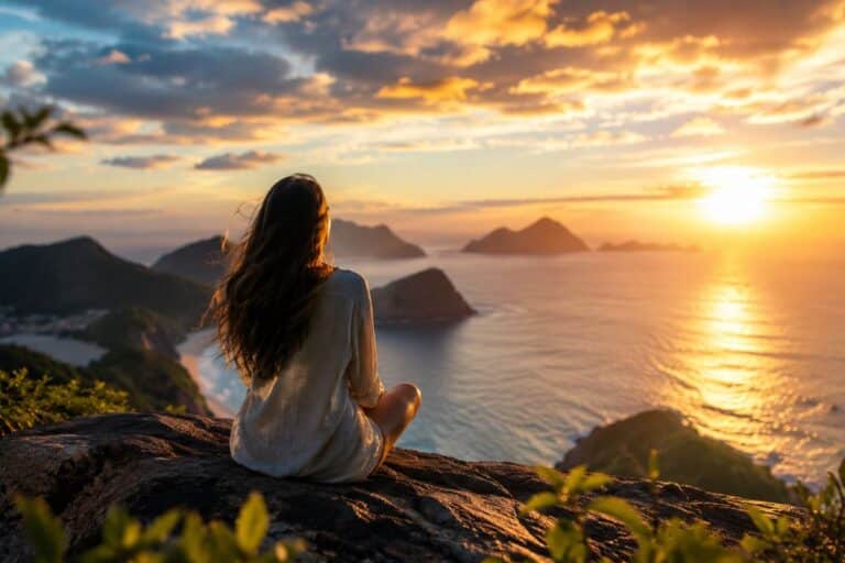 Pessoa contemplando o horizonte ao pôr do sol em cenário inspirador, representando reflexão profunda sobre qual é o propósito da vida e a busca por significado, equilíbrio emocional e espiritual.