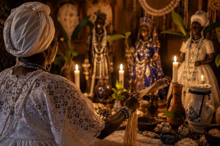 Representação das religiões de matriz africana no Rio Grande do Sul em espaço espiritual afro-gaúcho, simbolizando ancestralidade, resistência cultural e conexão com os Orixás no Batuque do RS