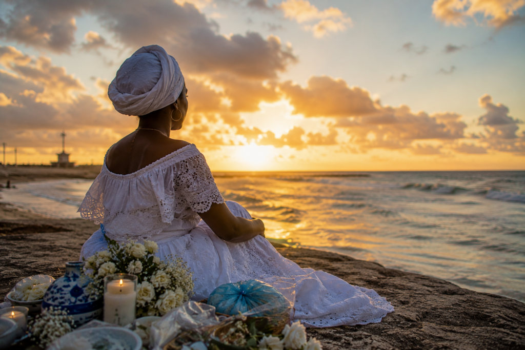 Iemanjá e o Arquétipo Espiritual da Mãe na Reconexão da Alma Representação de Iemanjá diante do mar com flores e oferendas, simbolizando acolhimento espiritual, esperança e a força materna na espiritualidade afro-brasileira