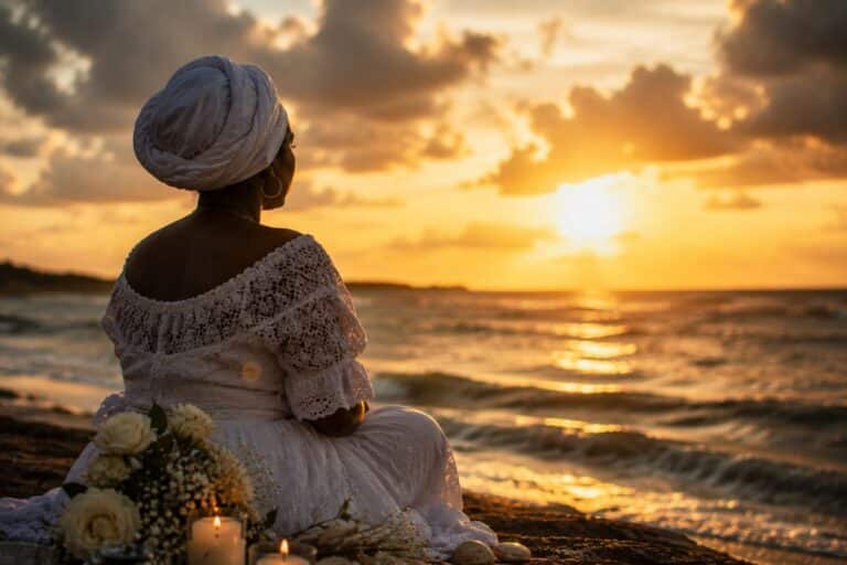 Mulher em silêncio contemplando o mar ao pôr do sol, simbolizando introspecção, acolhimento espiritual e reconexão emocional através das águas de Iemanjá, buscando proteção emocional e espiritual dos Orixás