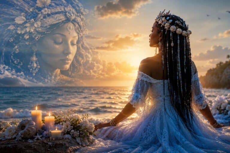 Iemanjá representada em cenário espiritual à beira-mar ao pôr do sol, simbolizando acolhimento, esperança e reconexão emocional na espiritualidade afro-brasileira