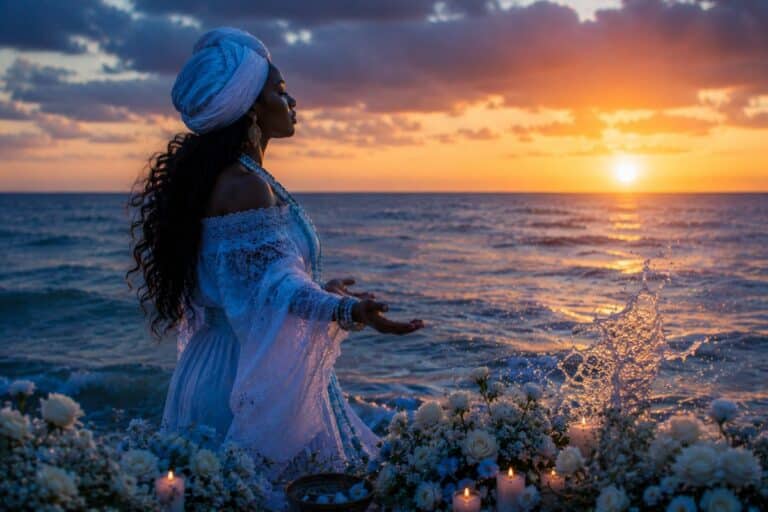Mulher negra em contemplação diante do mar ao pôr do sol, representando o verdadeiro significado espiritual de Iemanjá através do acolhimento, esperança e reconexão emocional com as águas sagradas