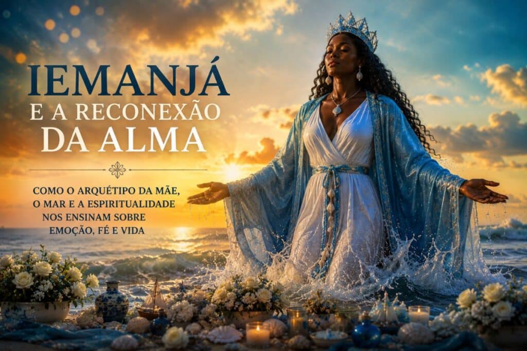 Mulher contemplando a imensidão do mar ao pôr do sol, representando silêncio interior, entrega emocional e reconexão espiritual nas águas ligadas a Iemanjá